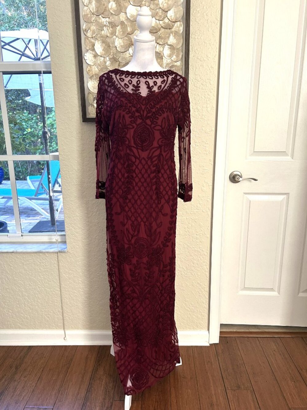 JS Collections Burgundy Wine Lace Gown